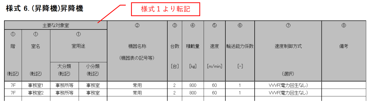 図6-1-1 『様式6．（昇降機）昇降機』入力シート